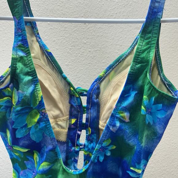 Vintage 1970s 1980s Mainstream Floral Blue One Piece Swim Suit Cheeky Bathing 8 - Picture 8 of 8